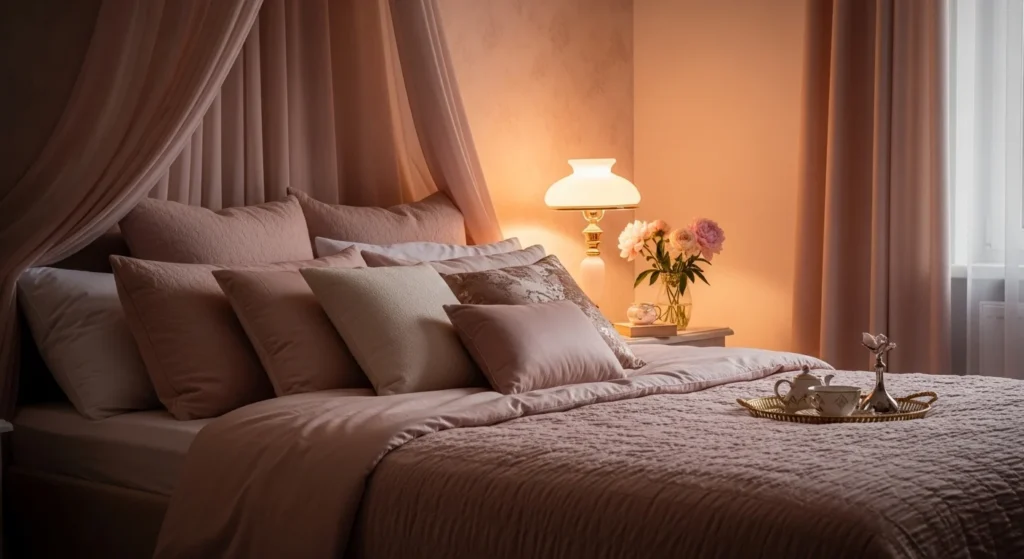 blush pink romantic bedroom soft lighting cozy feminine aesthetic
