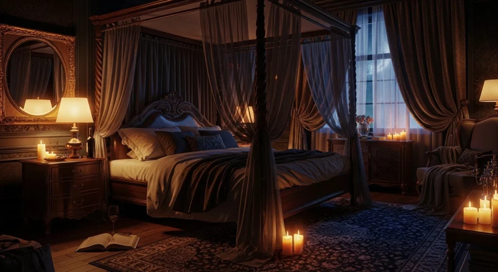 dark romantic bedroom moody tones warm lighting cozy intimate aesthetic