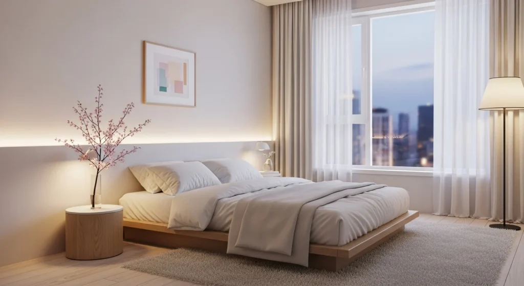 minimalist romantic bedroom clean design soft lighting cozy couple room