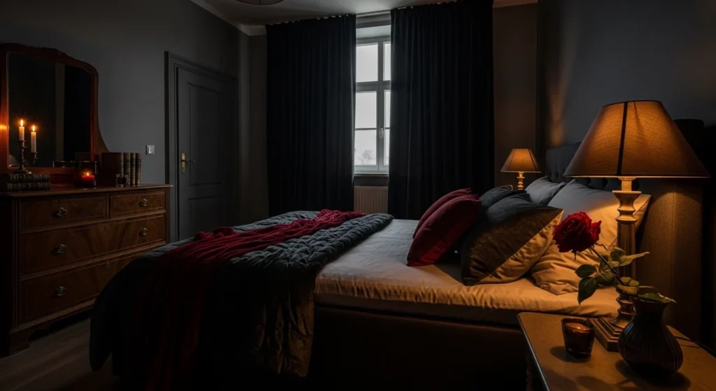 dark romantic bedroom moody lighting deep tones cozy aesthetic