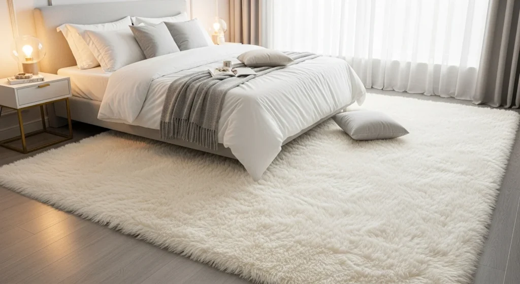 faux fur bedroom rug soft luxury cozy elegant serene aesthetic