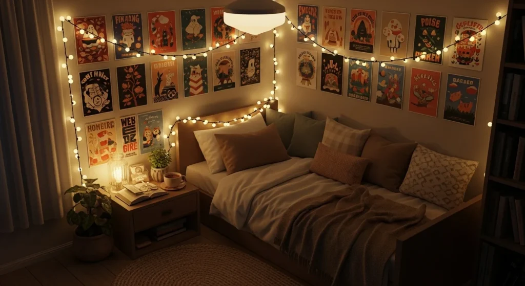 small bedroom posters fairy lights cozy compact aesthetic space design