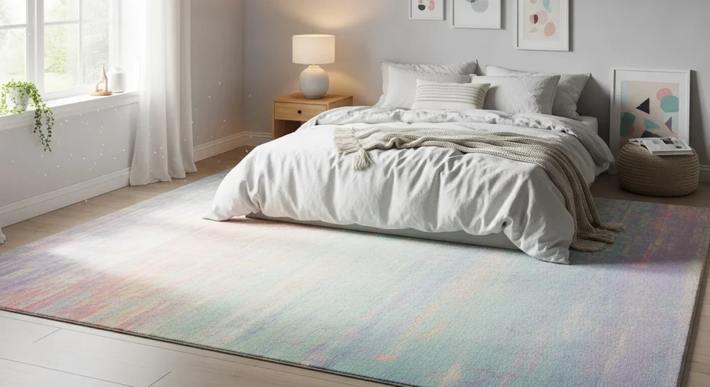 pastel rug bedroom soft colors calm cozy aesthetic design
