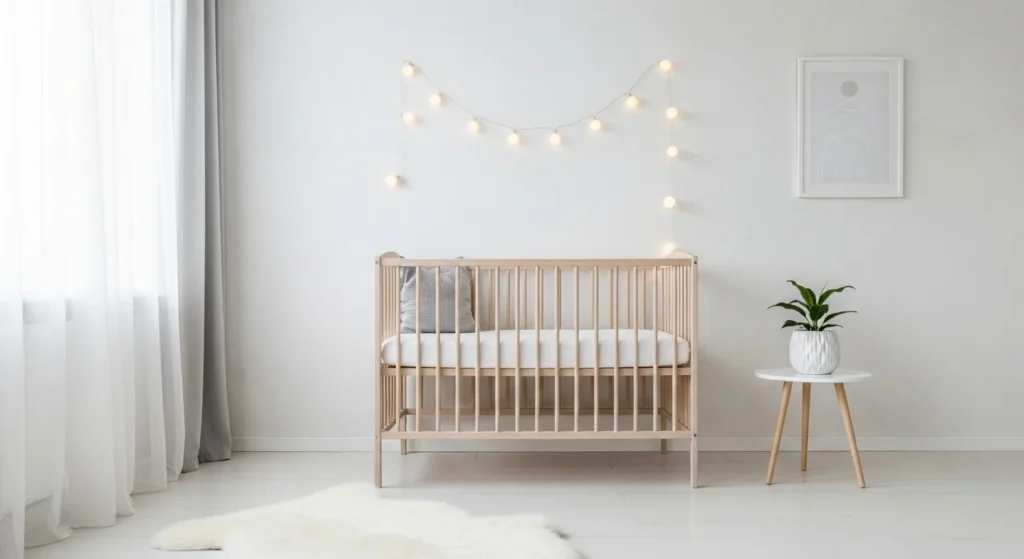 scandinavian nursery bedroom crib light wood white tones string lights