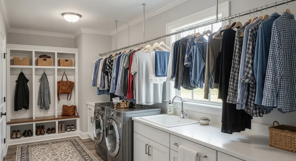 mudroom laundry combo hanging rod clothes drying functional setup
