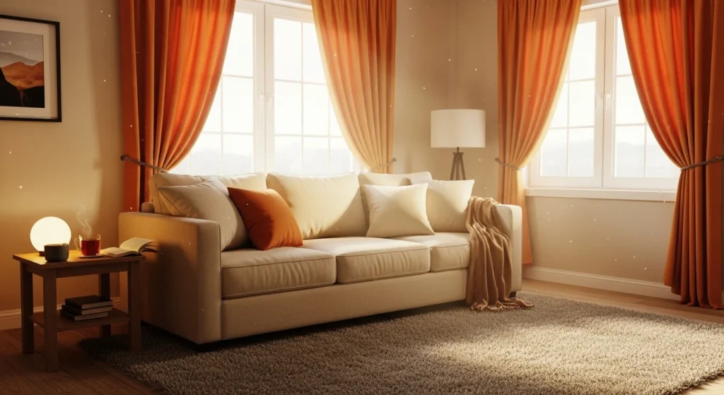 beige sofa orange curtains warm sunlight cozy living room aesthetic