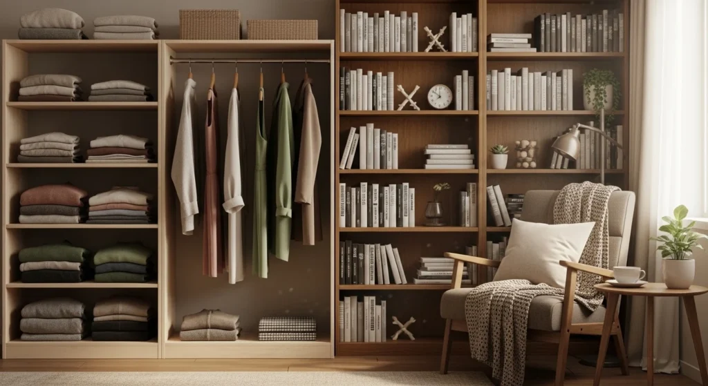 organizing by category clothes books neatly arranged tidy home