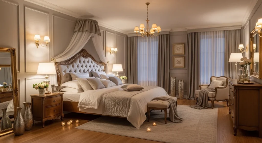 luxury romantic bedroom elegant decor soft lighting cozy premium aesthetic