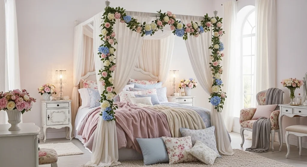 floral romantic bedroom soft pastel tones cozy elegant aesthetic