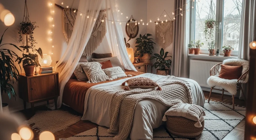 boho romantic bedroom string lights earthy tones cozy couple aesthetic