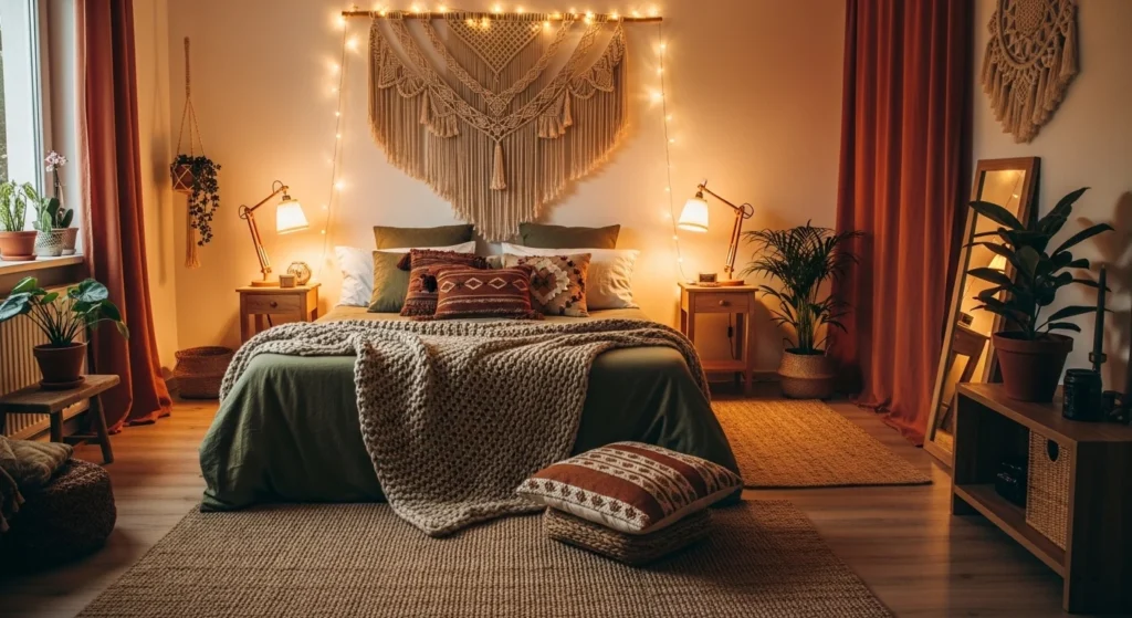 boho romantic bedroom macrame decor warm lights cozy aesthetic
