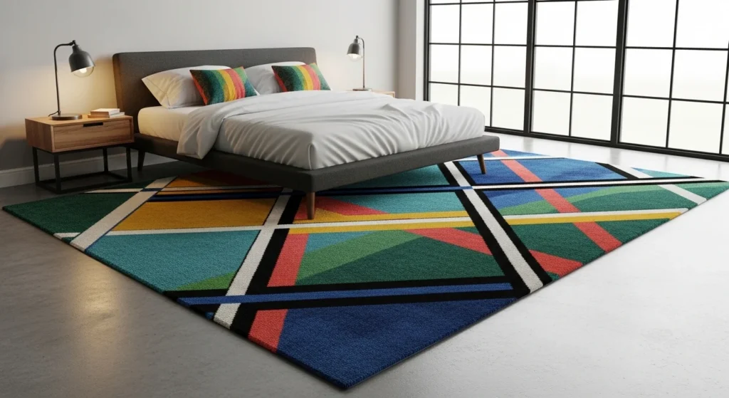 bold statement rug bedroom vibrant colors stylish modern interior