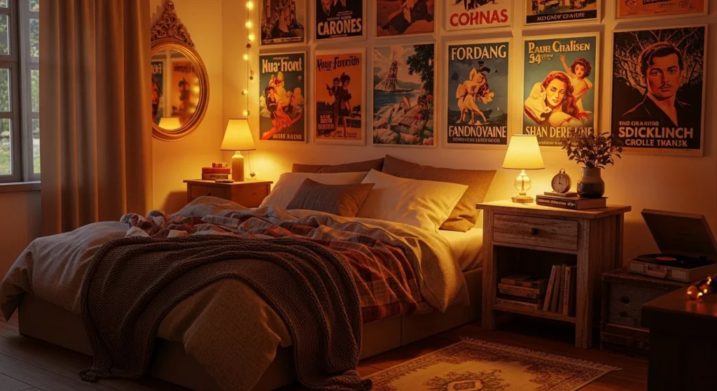 vintage bedroom posters warm lights retro cozy aesthetic room design