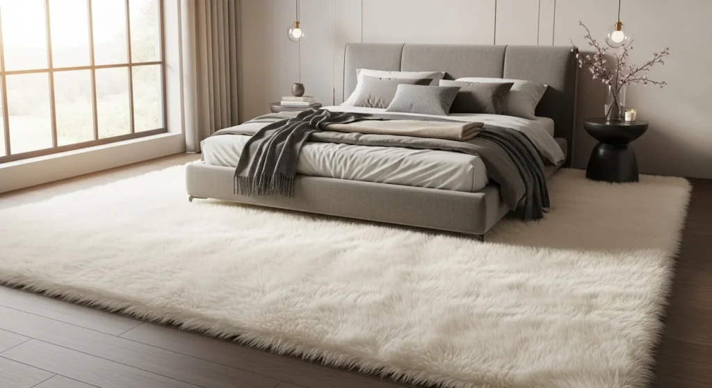 faux fur rug bedroom soft luxury cozy modern aesthetic design