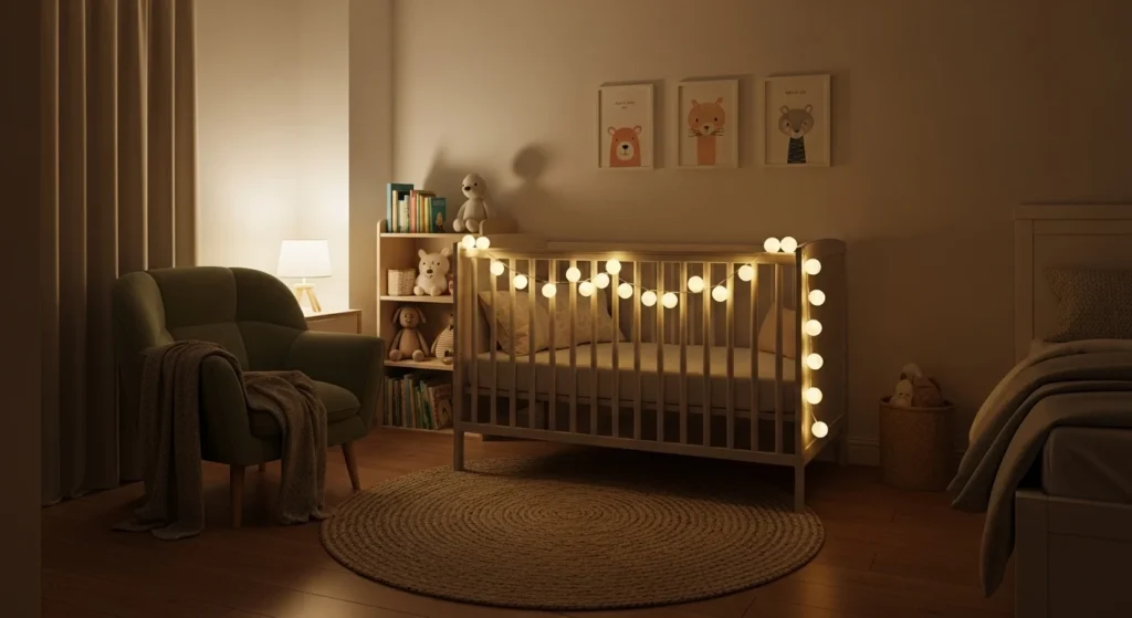 small bedroom crib setup string lights compact cozy nursery