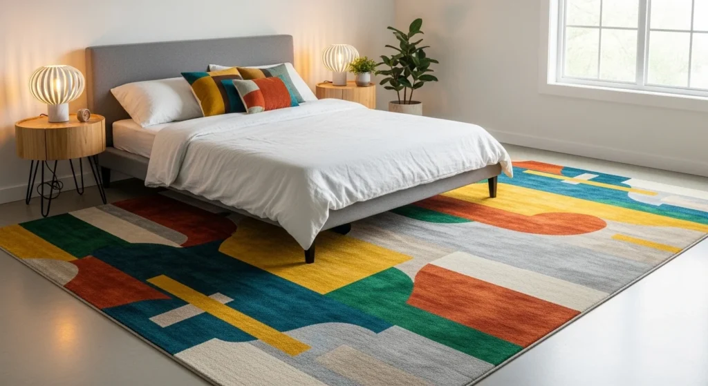 bold statement rug bedroom colorful pattern modern aesthetic