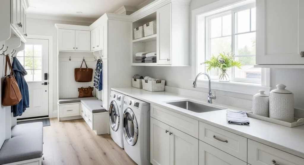 white mudroom laundry combo bright clean cabinets modern design