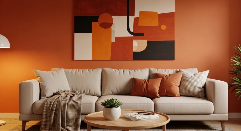 beige sofa orange wall art modern stylish living room warm tones