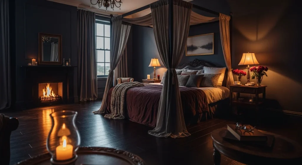 dark romantic bedroom moody tones warm lights cozy intimate aesthetic