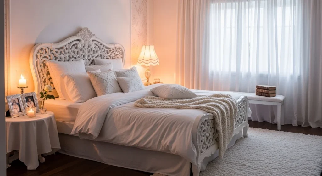 white romantic bedroom soft lighting cozy elegant couple room