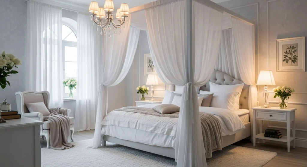 white romantic bedroom elegant design soft lighting cozy aesthetic