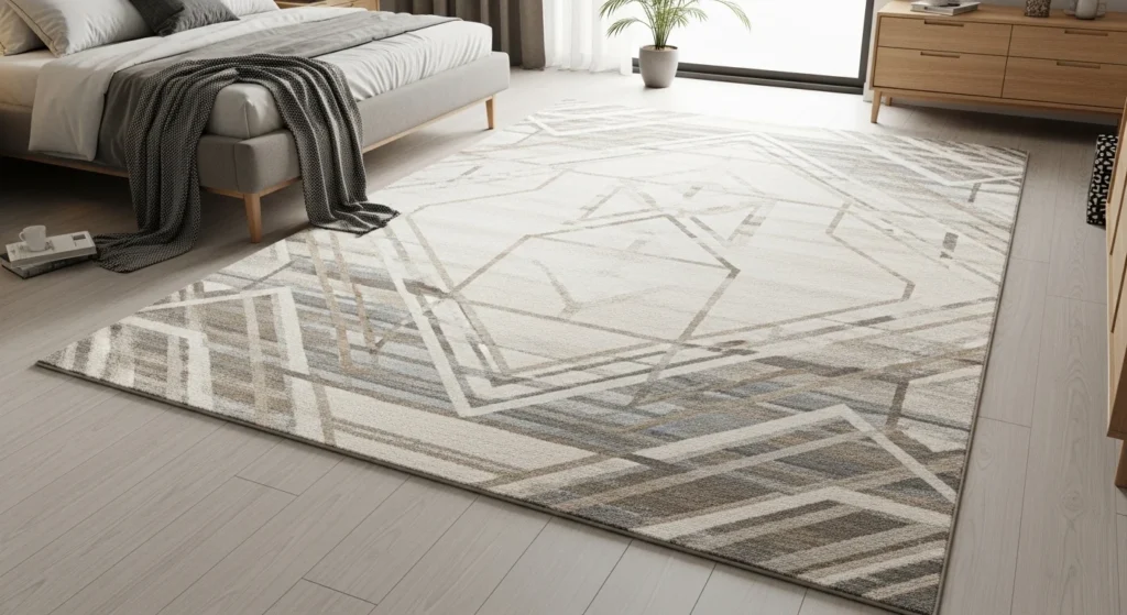 geometric bedroom rug subtle pattern neutral tones modern serene design