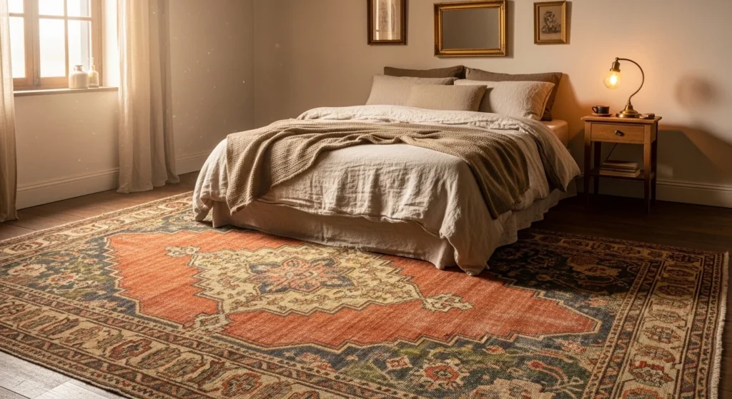 vintage rug bedroom faded patterns cozy warm classic design