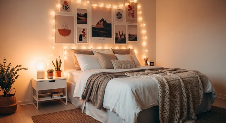cozy bedroom with string lights and wall posters warm aesthetic room design 2026