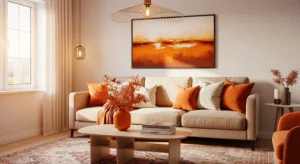 orange living room with beige sofa warm modern cozy aesthetic design