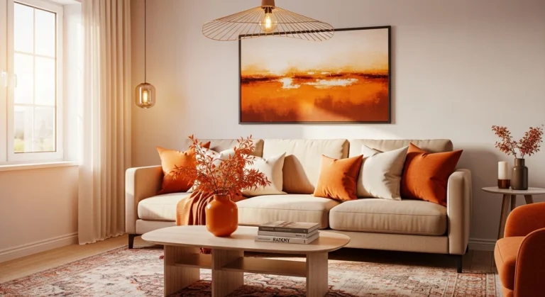 orange living room with beige sofa warm modern cozy aesthetic design