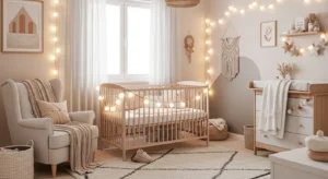 cozy bedroom with crib and string lights warm aesthetic nursery design