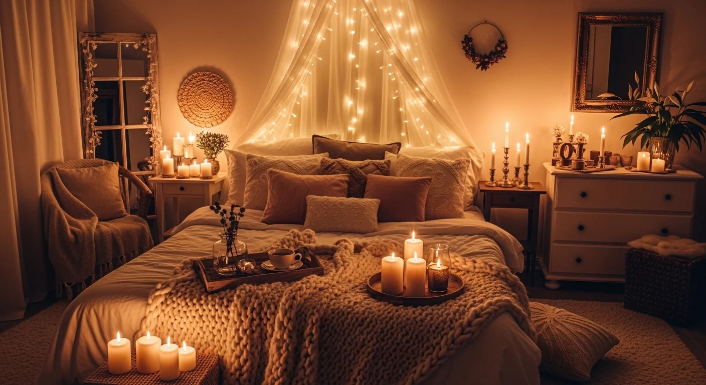 romantic bedroom with soft lighting candles fairy lights cozy aesthetic 2026