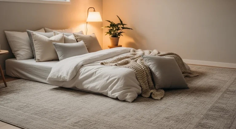 serene bedroom with soft rug neutral tones cozy peaceful bedroom design