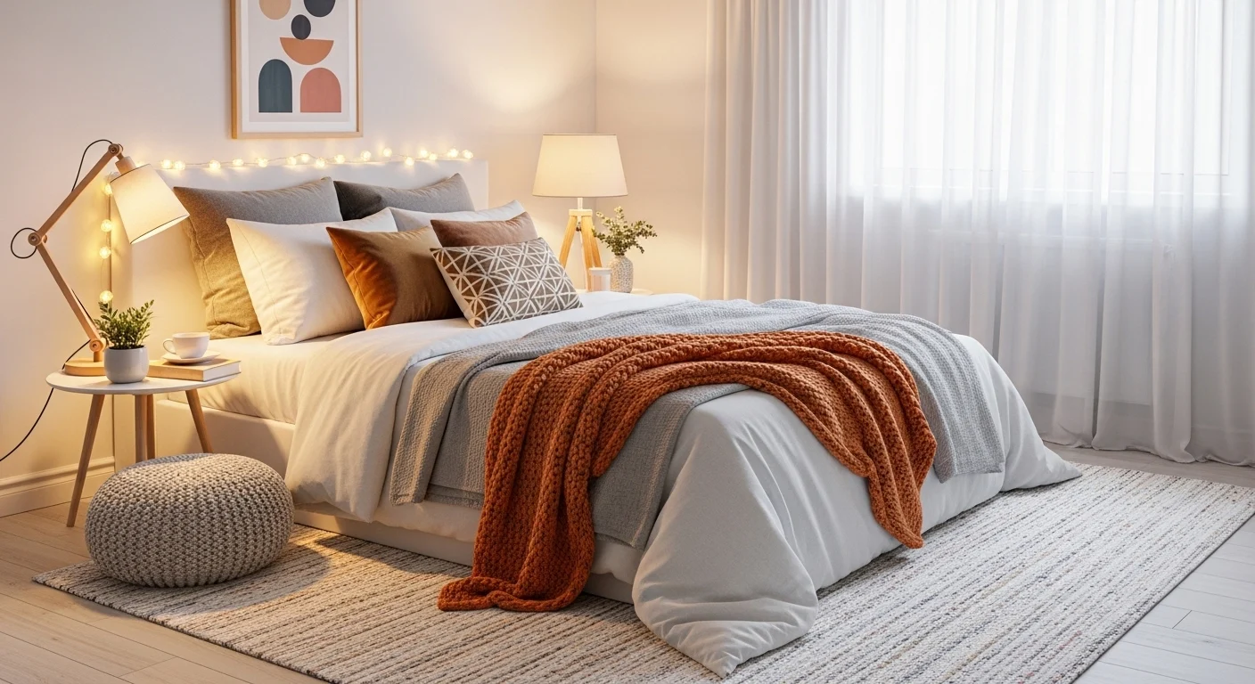 cozy bedroom with stylish rug under bed modern aesthetic layered textures warm lighting pinterest style bedroom