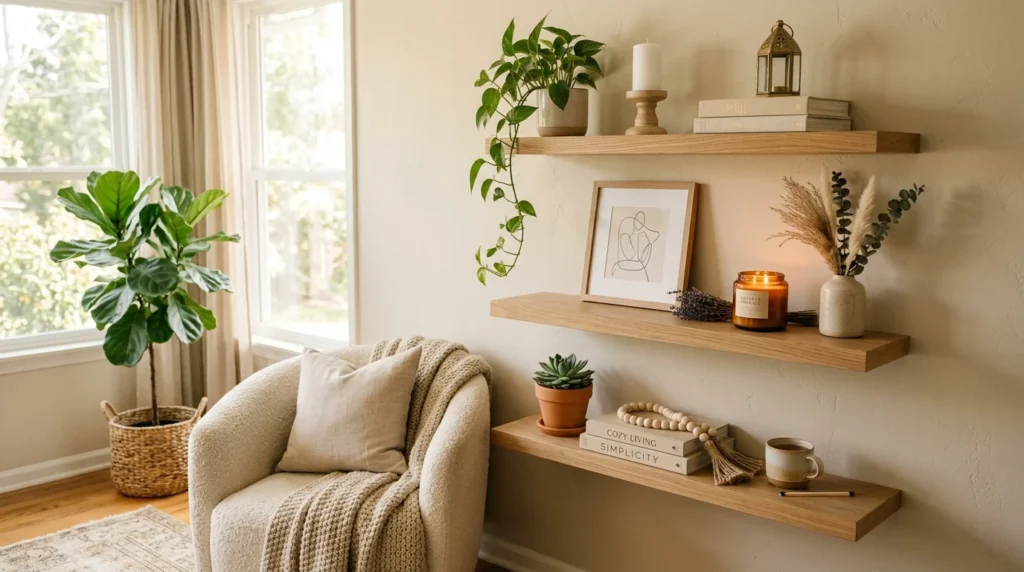 DIY floating shelves with candles, plants, and cozy neutral room decor