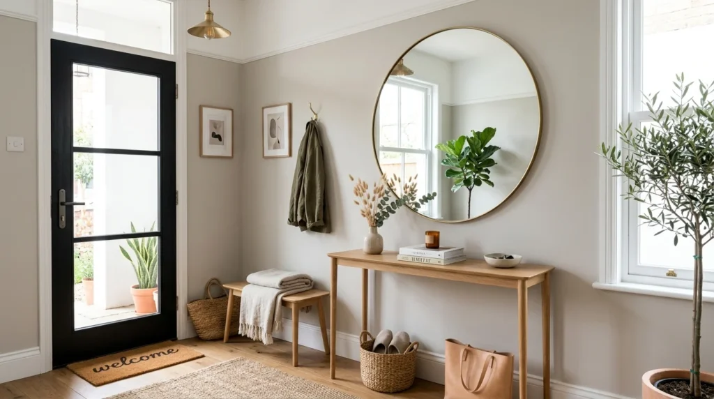 Small entryway with large round mirror and slim console table