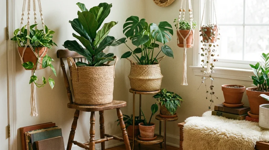 Neutral woven basket storage in cozy modern living room