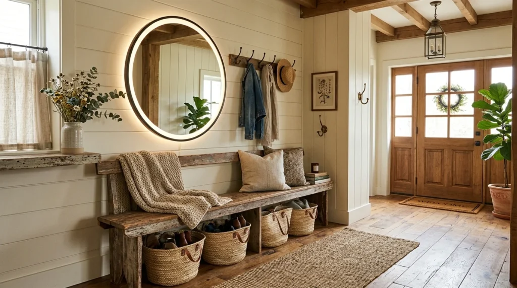 Farmhouse entryway with circular LED mirror and rustic decor accents