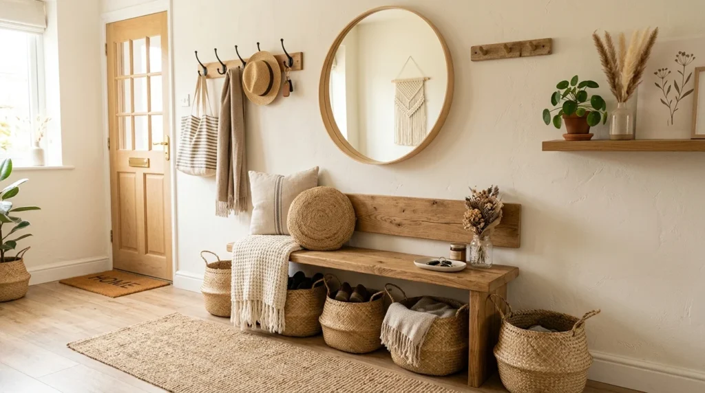 DIY aesthetic entryway with woven baskets, bench seating, and neutral decor