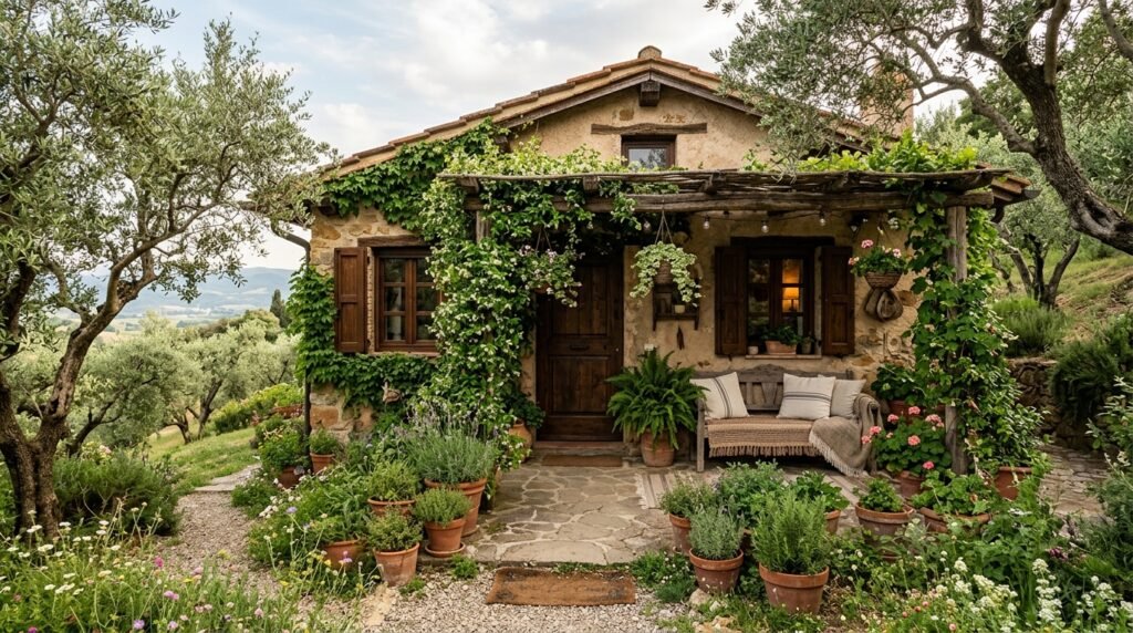 Earthy cottage home with greenery, olive trees, and natural decor accents