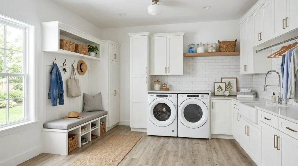 bright white mudroom laundry combo clean cabinets modern fresh design