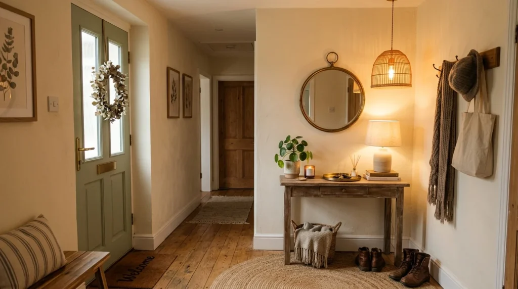 Cozy small entryway with warm lighting and neutral decor