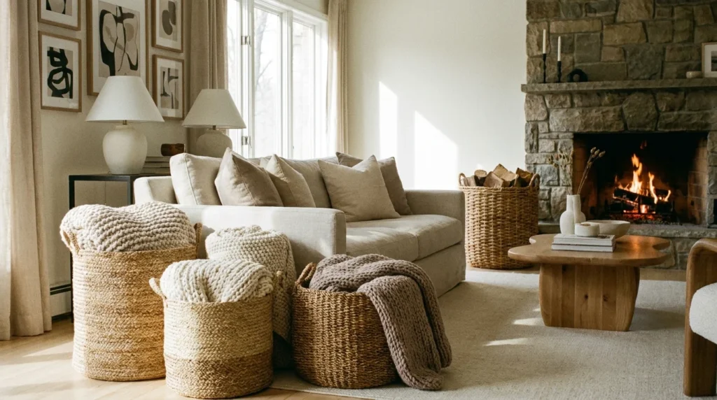 Cozy candle styling corner with soft lighting and neutral decor