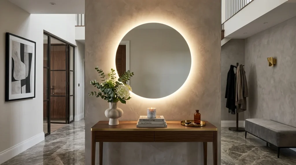 Floating circular LED mirror with hidden lighting in modern hallway