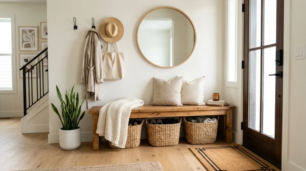 DIY entryway bench with baskets and cozy neutral home decor