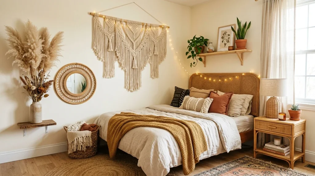 Boho room decor with macrame wall art and cozy earthy styling
