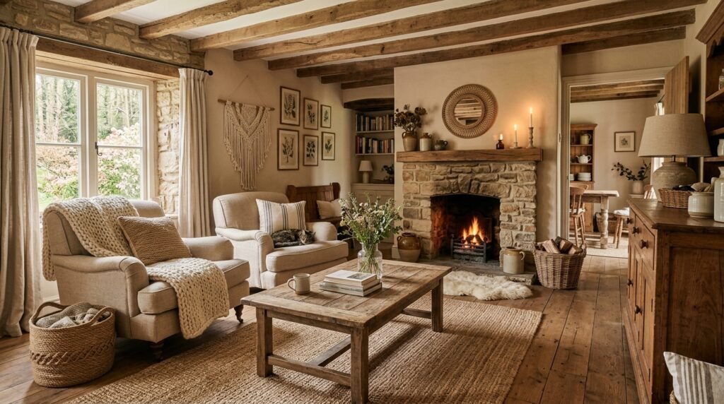 Rustic cottage interior with wooden furniture and earthy neutral decor
