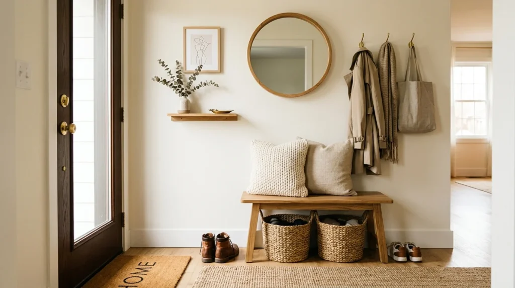 Small entryway with compact bench and woven baskets