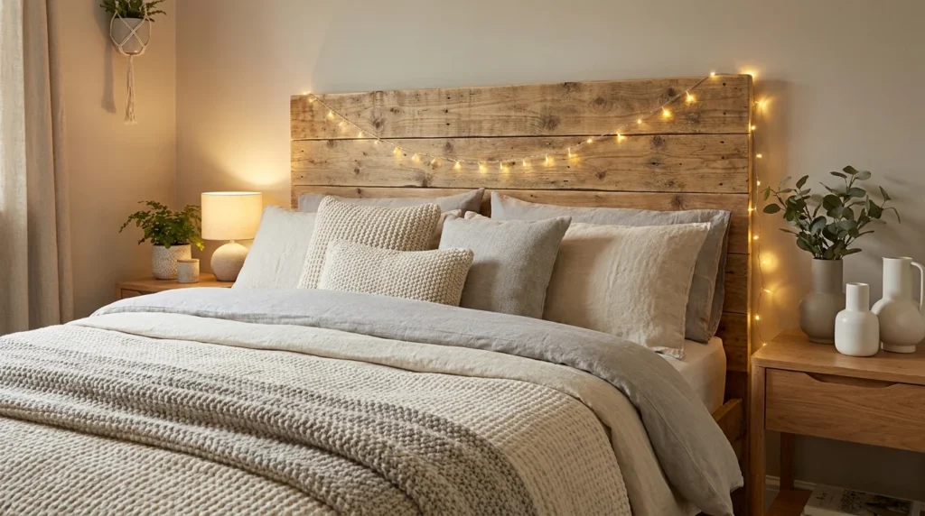 DIY wooden headboard with layered bedding and cozy bedroom styling