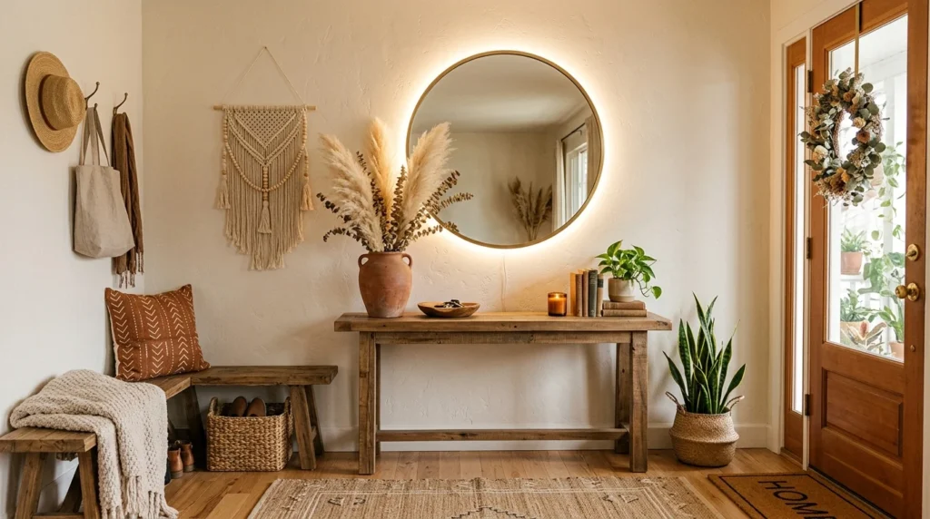 Boho entryway with circular LED mirror and pampas grass decor